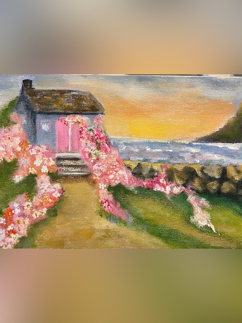 Original hand painted beach cottage, summer floral art